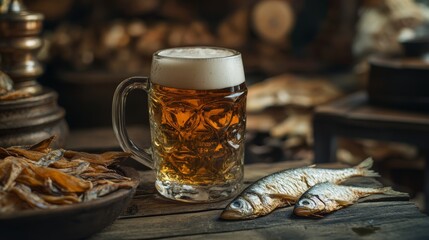 Beer mug and dried fish in rustic cafe. Beer and fish background