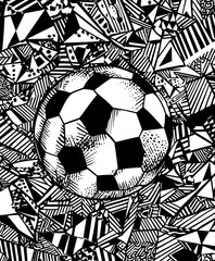 A black and white illustration featuring a soccer ball surrounded by geometric patterns.