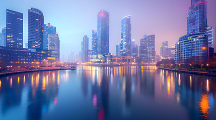 Fototapeta premium City skyline at dusk with glowing skyscrapers reflecting on a calm river