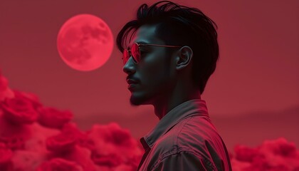 Mysterious Man in Red Hues with a Moonlit Background