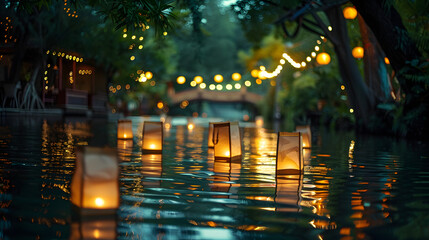 Naklejka premium lanterns glowing over a serene river