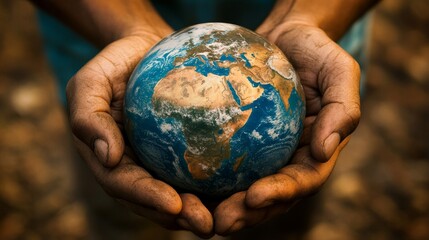 A pair of hands, rough and weathered, cradle a globe, representing the earth. This powerful image symbolizes  care for the environment, global responsibility,  protection of nature,  human connection 
