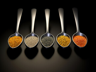 Different kinds of seeds in spoons on wooden table