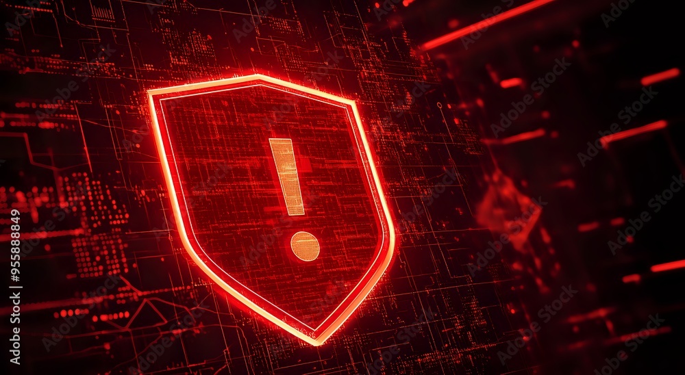 Poster cyber security warning: red shield with exclamation mark on digital circuit board background