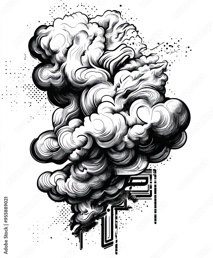 Poster A stylized illustration of swirling smoke with intricate details and shading.