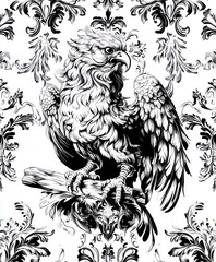 Fototapeta premium A detailed black and white illustration of an eagle on a decorative floral background.