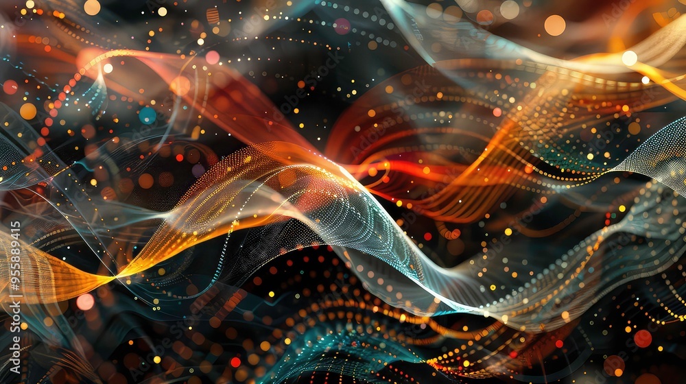 Poster abstract background with glowing waves, lights and bokeh on black background.