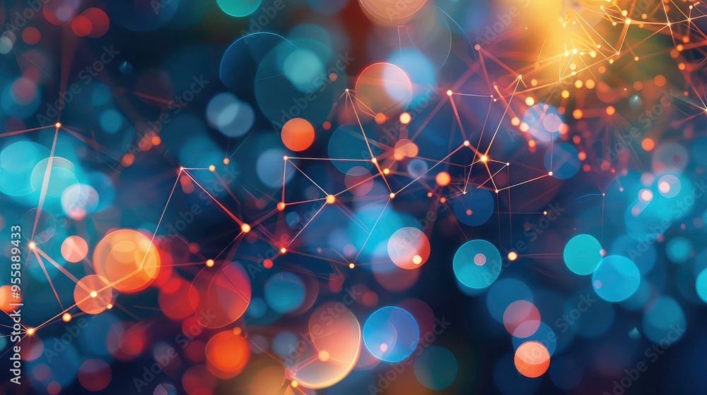 Poster abstract blue and gold bokeh background with a network of glowing lines.