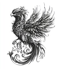 Fototapeta premium A detailed illustration of a mythical phoenix with ornate feathers and swirling designs.