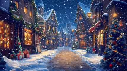 A picturesque snowy Christmas street scene with brightly lit shop windows and festive decorations. The image evokes feelings of warmth, joy, and holiday magic, and symbolizes the spirit of giving, com