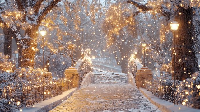 Magical Snowy Bridge with Twinkling Lights and Falling Snow