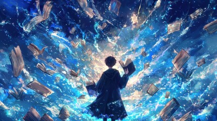 Fototapeta premium Fantasy Book Lover Silhouette Blue Sky Magic Books