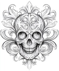 A decorative skull design with intricate floral patterns.