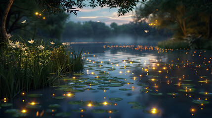 fireflies dancing around a peaceful pond at twilight
