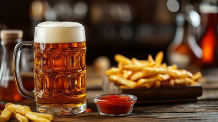 Beer mug and french fries with ketchup. Beer and fries background