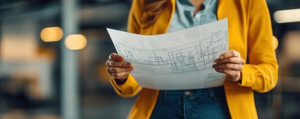 Naklejka premium A businesswoman holding a blueprint with clear goals and milestones, illustrating strategic planning and productivity, business strategy execution