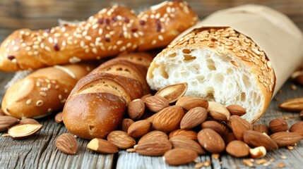 Freshly Baked Bread and Almonds on Wooden Table