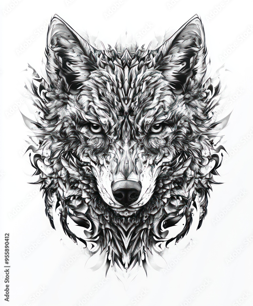 Sticker A detailed black and white illustration of a wolf's head with intricate designs.