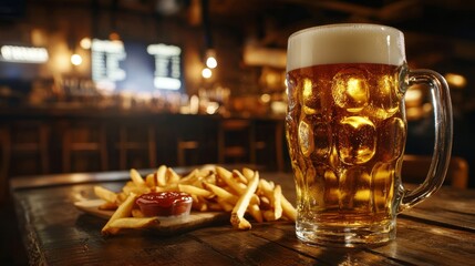 Beer mug and french fries with ketchup. Beer and fries background