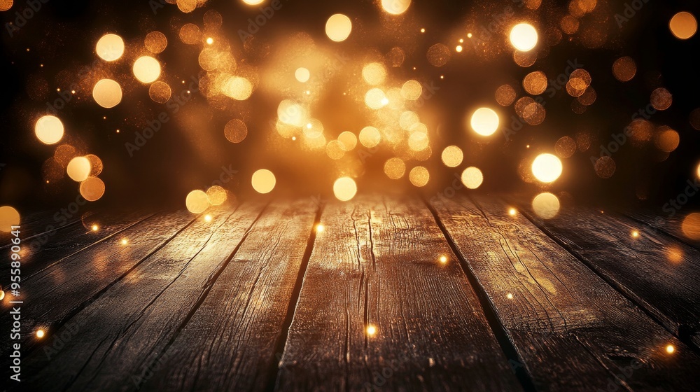 Poster a rustic wooden tabletop illuminated by a warm glow of sparkling lights, creating a cozy and invitin