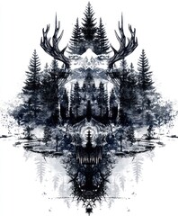 A symmetrical, abstract artwork featuring forest elements and animal motifs.