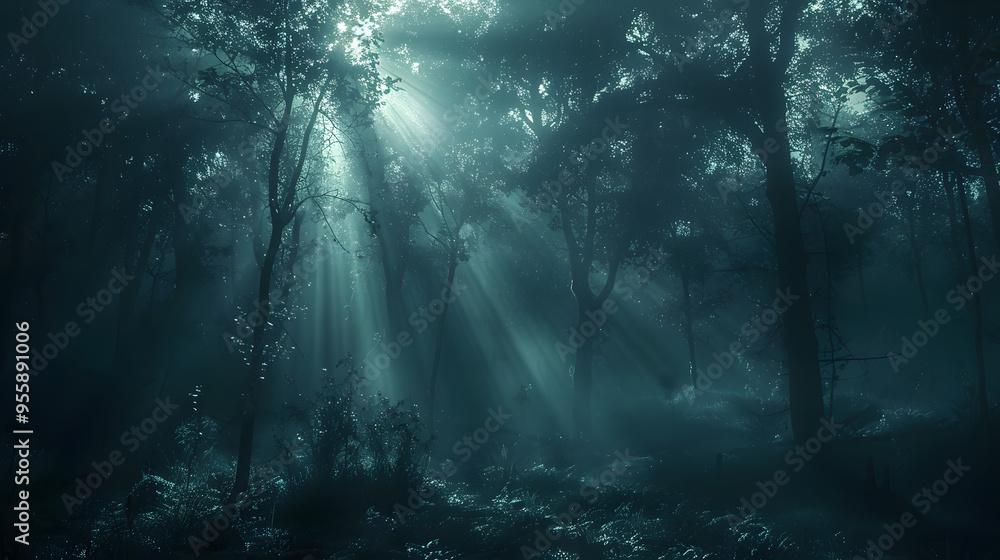 Wall mural glowing light beams breaking through a dense fog in a dark forest