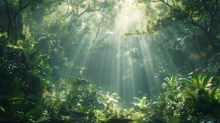 Obraz premium Sunbeams Illuminating a Lush Tropical Rainforest