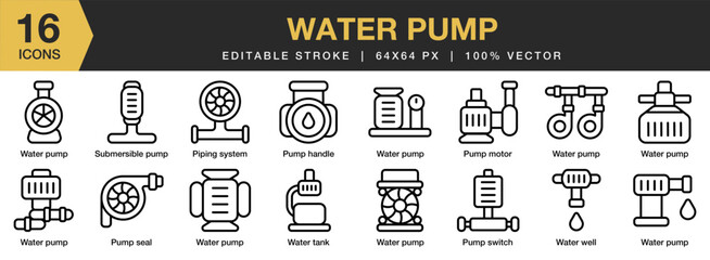 Water Pump icon set. Editable Stroke Icon Collection. Includes submersible, water pump, water tank, water well, pipe, and More. Outline icons vector collection.