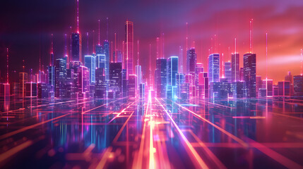 Glowing neon lines tracing the outline of a cityscape, abstract glowtime