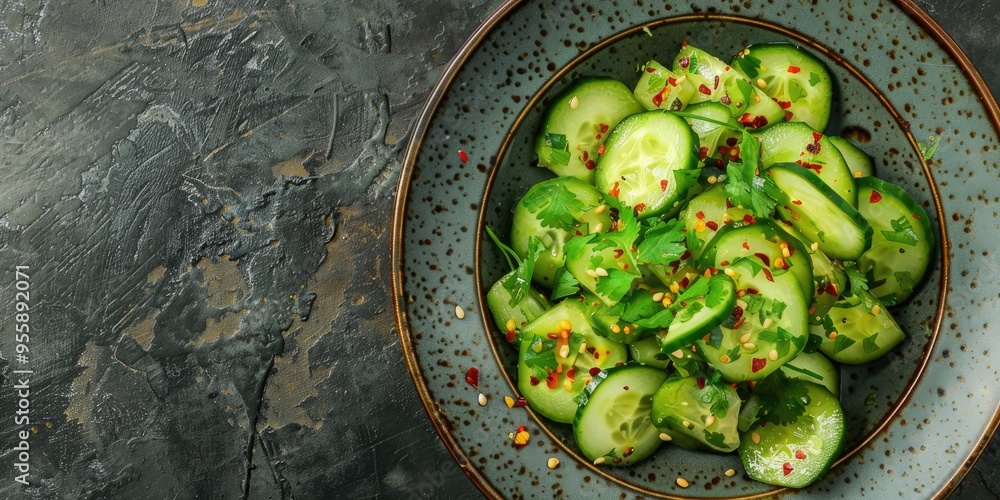 Poster top view of chinese smashed cucumber salad served in a ceramic plate with space for text