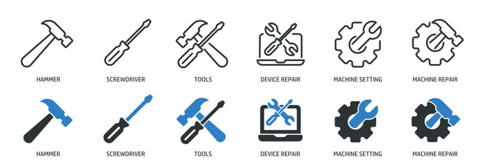 Repair, setting line and glyph solid icons collection. Minimal icon and symbol series vector illustration