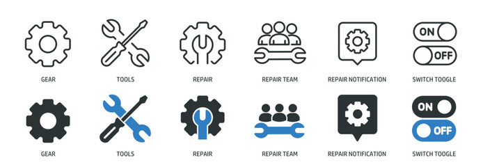 Repair, setting line and glyph solid icons collection. Minimal icon and symbol series vector illustration