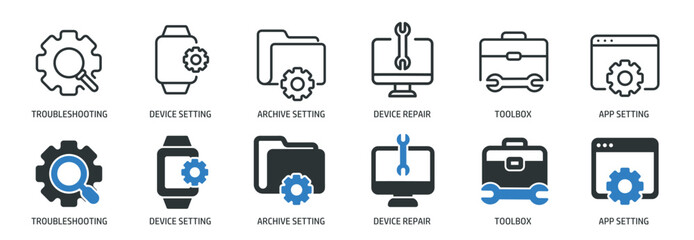 Repair, setting line and glyph solid icons collection. Minimal icon and symbol series vector illustration