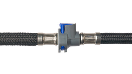 close-up of quick connect couplings isolated white background, plastic flexible hose fittings...