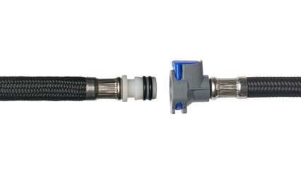 close-up of quick disconnect couplings isolated white background, plastic flexible hose fittings...