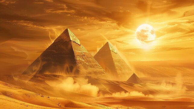 Three ancient pyramids stand tall in the golden desert under a glowing moon.