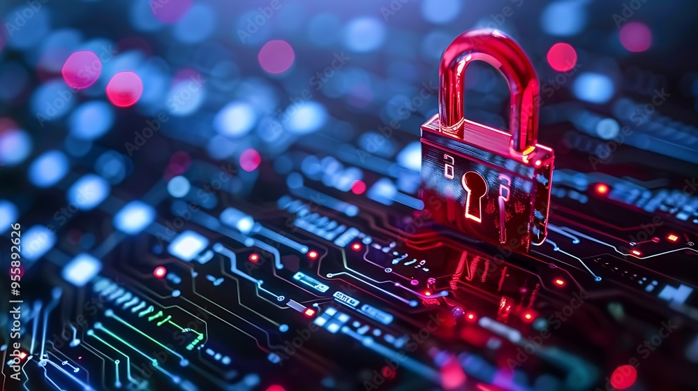 Poster futuristic red padlock symbol with circuit board for cyber ​​security technology concept of digital 