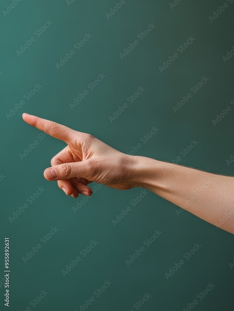Poster a single hand, with the index finger extended, points towards the right. the hand is isolated agains