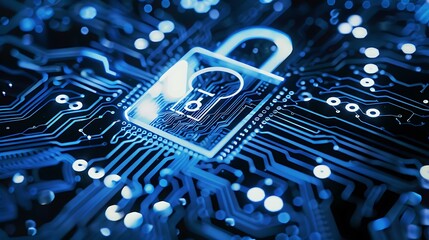 Futuristic Blue glowing padlock symbol with circuit board for Digital data protection or security Technology Concept.