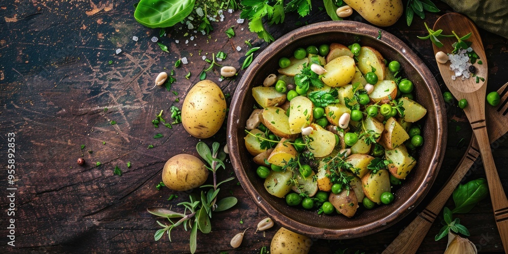 Poster broad beans potatoes and herbs in a bowl on a rustic table nutritious vegan winter meal top view wit