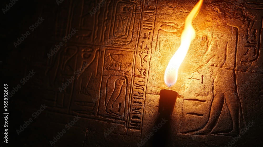 Poster a single torch illuminates ancient egyptian hieroglyphics carved into a stone wall, casting a warm g