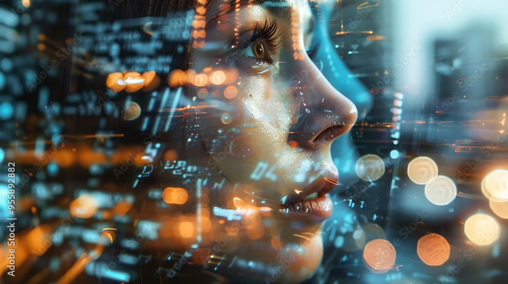 Aufkleber woman face with abstract data code digital screen overlay for future human technology integration pr