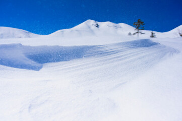 舞う地吹雪と乗鞍岳