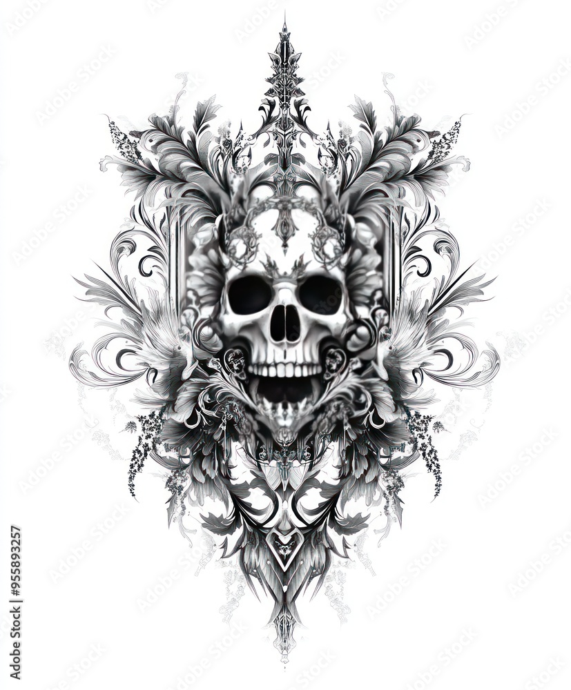 Canvas Prints A detailed skull design surrounded by ornate floral elements.