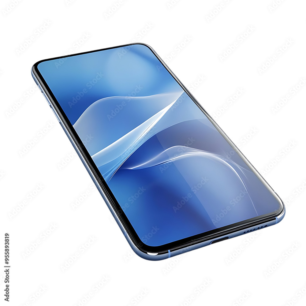 Poster modern smartphone with a transparent background displaying abstract blue waves
