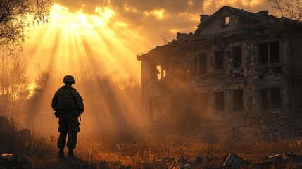 Fototapeta premium A dejected soldier with slumped shoulders faces a destroyed building in a war-torn landscape