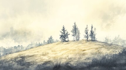 A solitary hill stands bare, devoid of trees, under a hazy sky. The few remaining trees symbolize resilience in the face of loss. The muted colors create a melancholic mood.