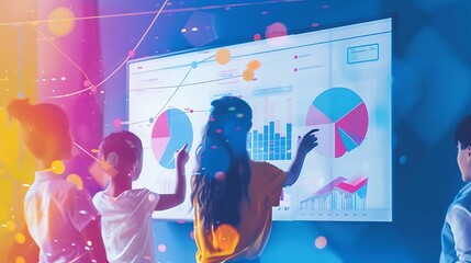 Group of children collaborate on a data analysis project with interactive Digital to Concept displays to visualize information or discuss insights.