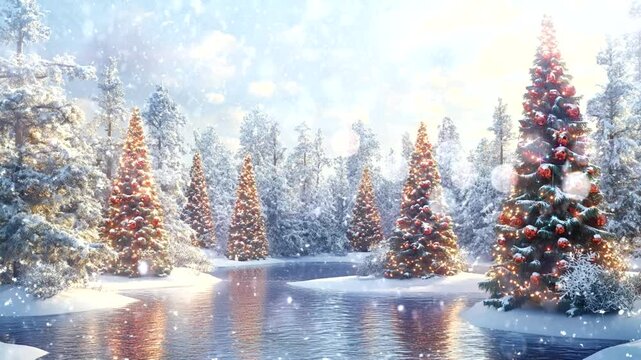 beautiful winter scene with a Christmas tree illuminated by lights, on a calm frozen lake and surrounded by snow-covered trees at sunset Seamless looping 4k time-lapse animation video background 