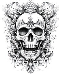 Fototapeta premium A detailed skull illustration surrounded by intricate floral designs and patterns.